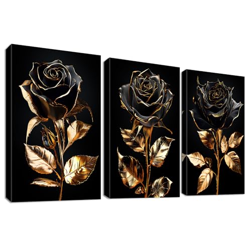HALFLEMART 3 Pcs Rosa Negra Dorada Marco de Madera Cuadro Moderno Rosas Negras Hojas de Oro Lienzo Decorativos Pintura Imagen Vintage Cuadros Decoracion Salon Dormitorios Baño Escalera 30cmx40cmx3