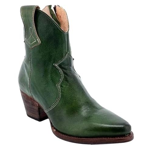 Bottines en cuir pour femme - Coupe large - Bottes de cowboy classiques vintage mi-mollet - Bout pointu - Chaussures de marche occidentales brodées, Vert,...