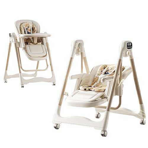 RooRound 2-in-1 Baby High Chair for Infants & Toddlers Foldable Electric Swing Smart Soothing Removable Cushion & Detachable Tray 6-36 Months (White)