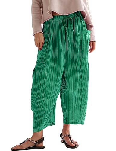Women Summer Striped Harem Pants Casual Baggy Wide Leg Tapered Trousers Drawstring Waist Palazzo Pants with Pockets