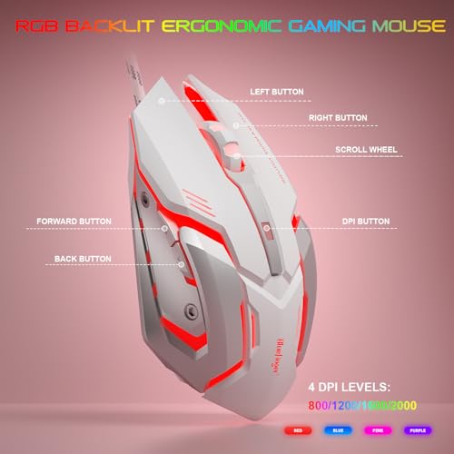 Image of BlueFinger RGB Gaming Keyboard and Backlit Mouse and Headset Combo, USB Wired Backlit Keyboard, LED Gaming Mouse Set, Headset with Microphone for Laptop PC Computer Game and Work (White & Pink)
