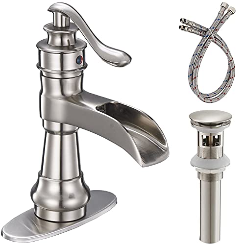 Bathroom Faucet Brushed Nickel Single Handle Bath Waterfall for Sink with Pop Up Drain Stopper One Hole Commercial Lavatory Deck Mount Supply Hose Lead-Free by Bathfinesse