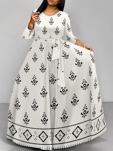 Image of Women Plus Size Long Sleeve V Neck Maxi Dress with Belt | Soft fabric relaxed fit three quarter sleeve v neck with pockets for party and daily wear