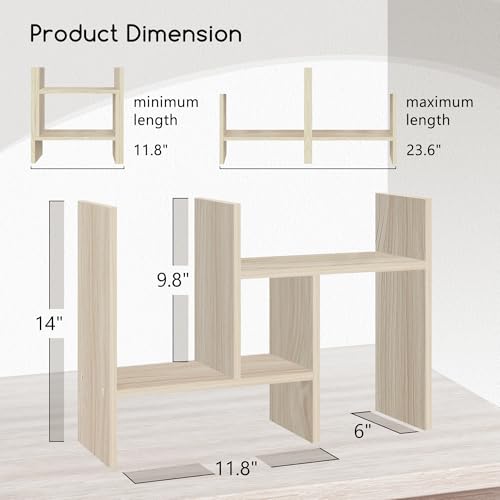 Image of Jerry & Maggie Desktop Organizer Office Storage Rack Adjustable Wood Display Shelf Free Style Double H, Multi-Functional Mini Bookshelf for Desk Natural Stand (White Wood Tone)