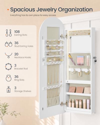 Image of SONGMICS HOME Over the Door Mirror Jewelry Cabinet, Lockable Jewelry Armoire with Arch Mirror, Wall Mounted Organizer with Inner Mirror and LED Lights, 16.7 x 4.1 x 42.7 inches, Cloud White and Tan