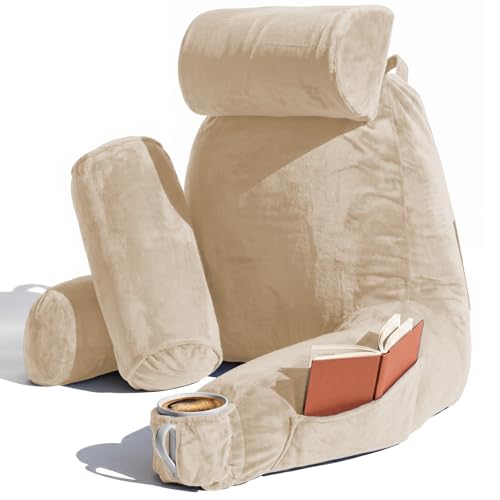 Image of Nestl Reading Pillow with Shredded Memory Foam Includes 2 Neck and Lumber Support Pillows, Designed for Sitting Up in Bed and Couch, Back and Arms Adjustable Support for Adult & Teens, Beige Cream