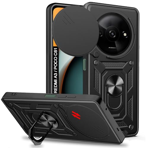 Image of AESTMO Tough Armor Redmi A3 / A3X / Poco C61 Bumper Back Case Cover | Ring Holder & Sliding Camera Shield Cover | 360 Degree Protection Back Case Cover for Redmi A3 / A3X / Poco C61 (Black)