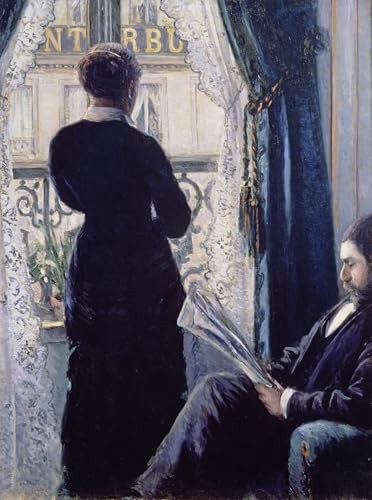 Tableau intérieur femme à la fenêtre pour habiller un grand mur vide avec élégance