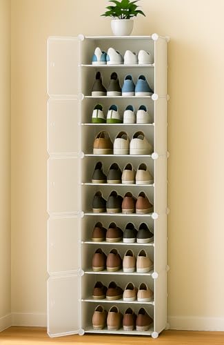 Image of Zemic Multiuse Modular Plastic Shoe Rack for Home with Door | 𝟏𝟎 𝐒𝐡𝐞𝐥𝐟 Stackable Organizer | Waterproof & Dustproof | Space Saving Storage for Home, Bedroom & Entryway【White, 5-Door-10-Shelf】