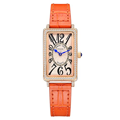 Montre rectangulaire en or rose avec cadran orange et bracelet en cuir