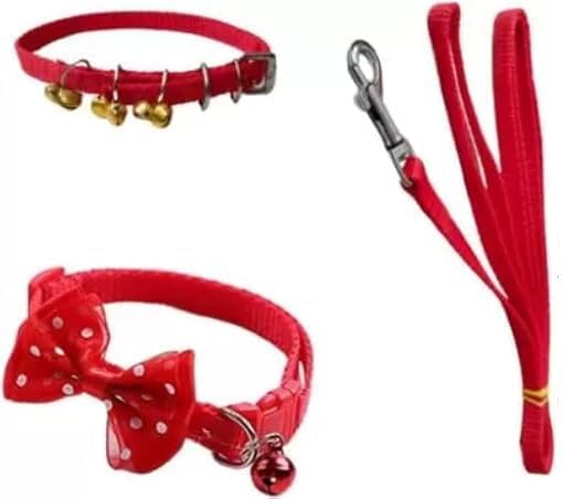 Pets Nylon Red Ghungroo Neck Collar Belt, Leash and Bow Tie Set, Stainless Steel Hook, Adjustable, for Dog Training/Walking