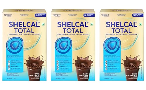 Image of Shelcal Total - Powered by Protein, Multi-Vitamin, Multi-Mineral & Prebiotic supports Bone, Joint & Muscle, Immunity, Gut Health, No Added Sugar (Dark Chocolate) 200g - By Torrent Pharma, Pack of 3