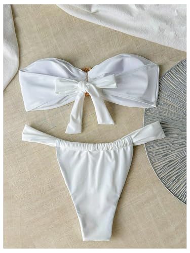 SHENHE Women's 2 Piece Strapless Swimsuit Metal Ring High Cut Thong Ruched Bandeau Bikini Set2