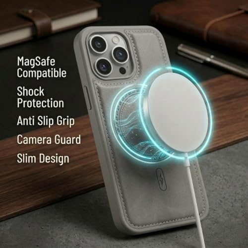 Image of amazon basics Premium PU Leather Case for iPhone 15 Pro, MagSafe Compatible Magnetic Ring, Sleek Protective Back Cover - [Gray]