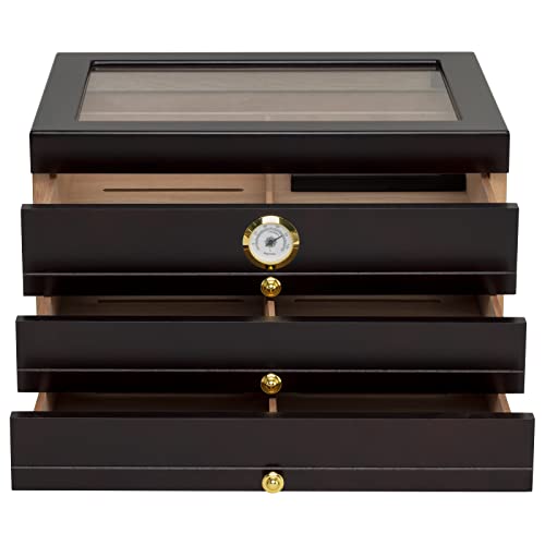 Palermo Desktop Humidor 3 Drawers, Lined With Premium Kiln-Dried Spanish Cedar, Tempered Top, Glass Hygrometer With Brass Ring, Holds Up To 150 Cigars, Brown #TOP5