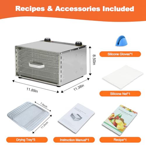 Image of Food Dehydrator - 5 Stainless Steel Trays Dryer Machine with 194℉ Temperature Control & Adjustable Timer, 400W Meat Dehydrator for Jerky, Fruit, Veggies, Dog Treats, 50 Recipes Book Included