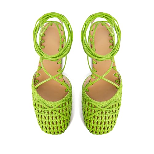Image of Woven Ballet Flats for Women Lace Up Closed Square Toe Summer Sandals Dressy Shoes