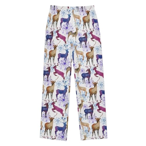 Moose Snowflake Watercolor Boys Long Pants Soft Trousers Elastic Waist Kids Lounge Bottoms with Pockets S-XL