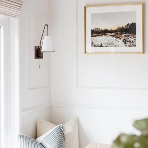 Image of Wall Sconce with Pull Chain Switch, Bedside Wall Hardwired Reading Lamps with Adjustable Sloped Arm and Fabric Linen Shade (Painted Bronze)