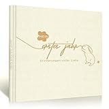 Mein erstes Jahr Babyalbum Beige Leinen mit 84 Seiten und Sticker - Viel Platz für Fotos & Meilensteine - Personalisierte Geschenk zur Geburt Babyparty & Erinnerung Babytagebuch für Mädchen und Junge