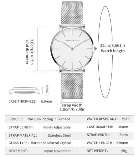 Image of HANNAH MARTIN Gold Watches for Women, 36mm Luxury Vintage Round Case, 220mm Stainless Steel Band, Analog Quartz Dress Watch 3ATM Water Resistant with Wristband Adjustment Tool
