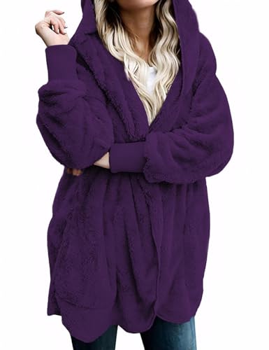 Zilcremo Women Hooded Cardigan Fuzzy Jacket Winter Open Front Fleece Coat Outwear with Pockets