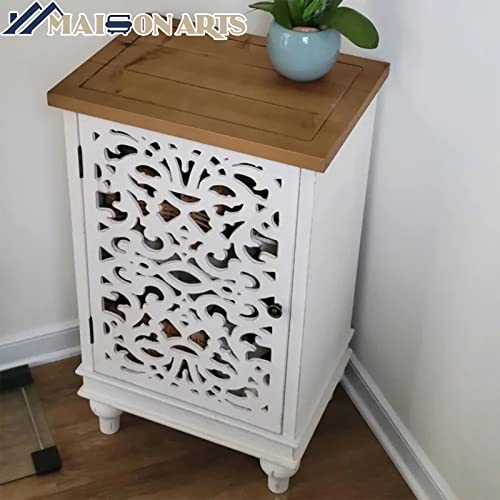 Maison Arts Accent Storage Cabinet With Single Door, Distressed Decorative Nightstand End Side Table With Hollow-Carved Floral Pattern Farmhouse Cabinet For Entryway Living Room Bedroom, White #TOP2