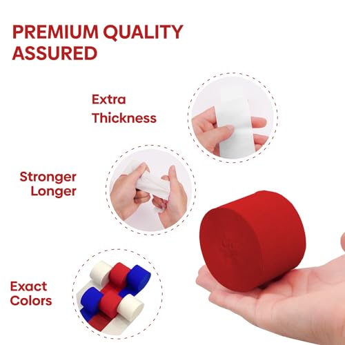 Image of 6 Red White Blue Streamers, 492ft Pack of Crepe Paper Party Decorations | Each roll is 82 ft long and 1.8 Inch wide ideal for Birthday Party Decor, Baby showers and 4th of July Celebrations