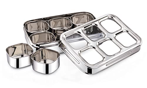 Image of Expresso 6 Square Stainless Steel Spice Box With 6 Containers - See-Through Glass Lid Masala Dani /Dry Fruit Box for Kitchen - Silver