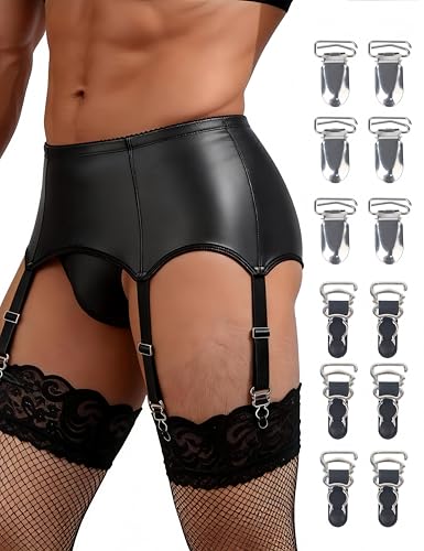 comeondear Sissy Strapsgürtel PU Leder Strapse Dessous Männer mit 6 Clips Große Größen Sexy Strumpfhalter für Herren Strumpfband Breit Erotische Unterwäsche Gay Underwear Men Garter Belt Schwarz L
