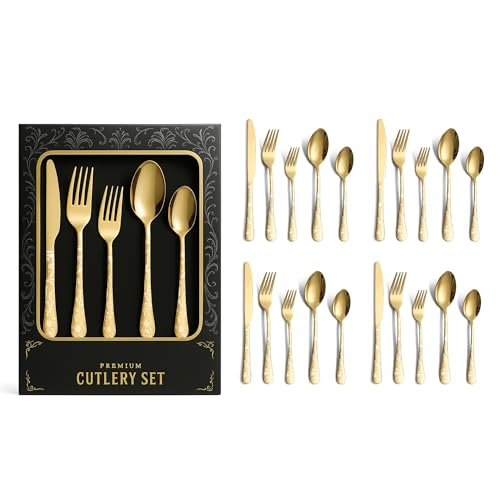 Image of aDai Premium 20 Piece Stainless Steel Cutlery Set | Floral Handle | Includes Spoon Fork Knife Teaspoon | Perfect for Corporate Gifting (Gold)