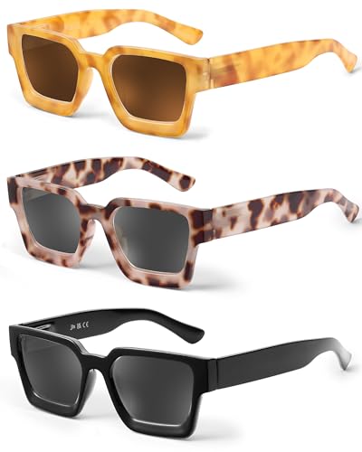 JM 3 Pack Square Reading sunglasses, Fashion Sun Readers for Women Men Full Lens Spring Hinges +3.0