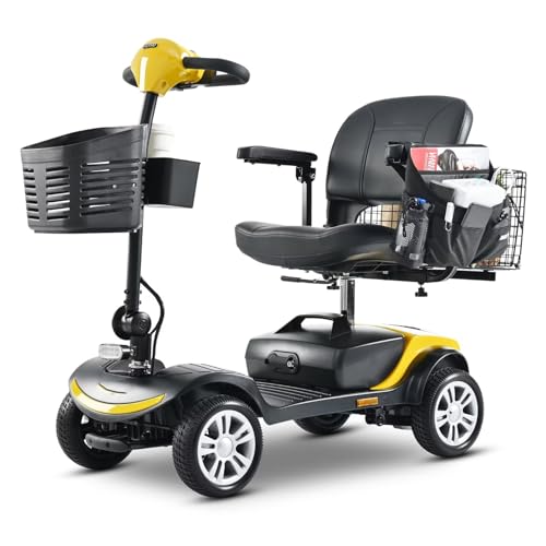 4 Wheel Compact Mobility Scooter 400 lb Capacity, Foldable Electric Scooter for Seniors and Adults, Heavy Duty Travel Model with Lights, Basket, and Long-Lasting Battery -Yellow