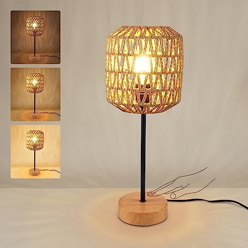 HYMELA Boho Rattan Table Lamp Natural Style, Touch Control Bedside Lamp with Handmade Woven Shade, Dimmable Wood Farmhouse Nightstand Lamp with USB Port for Bedroom Living Room(Bulb Included)