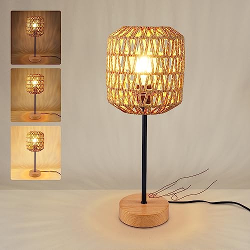 Hymela Boho Rattan Table Lamp Natural Style, Touch Control Bedside Lamp With Handmade Woven Shade, Dimmable Wood Farmhouse Nightstand Lamp With Usb Port For Bedroom Living Room(Bulb Included) #TOP3