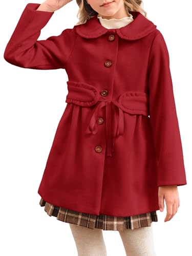 Meikulo Girls Dress Coat Casual Faux Wool Lapel Warm Jackets Kids Cute Ruffle Belt Outerwear 5-14 Years