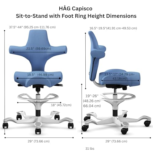 Image of HAG Capisco Adjustable Sit to Stand Desk Chair - White Frame - Light Wash Blue Polyester Seat - with Footring
