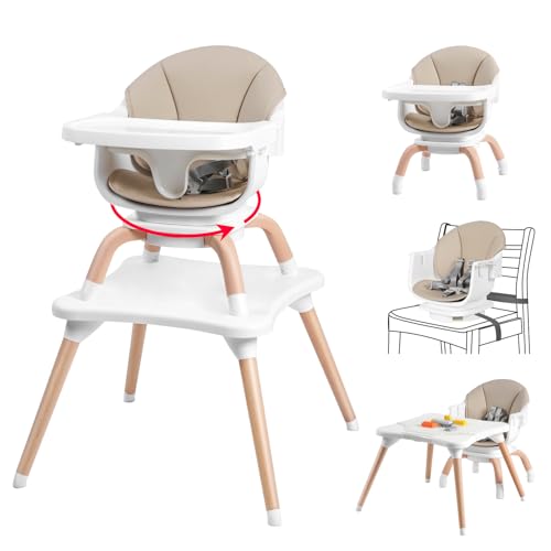 Image of Komcot Baby High Chair, 7 in 1 Convertible High Chairs for Babies and Toddlers, Kids Learning Table, Building Block Table, Toddler Dining Chair with 360° Rotating Seat, 5-Point Safety Harness (Khaki)