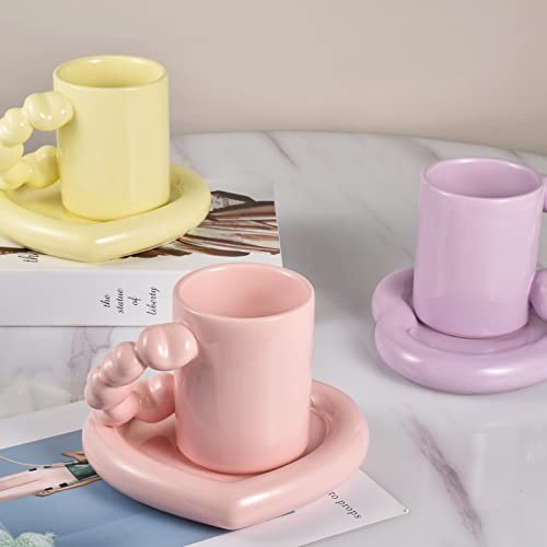 Koythin Ceramic Coffee Mug With Saucer Set, Cute Creative Electroplated Cup With Gourd Handle Love Heart Shape Design For Office And Home, 10 Oz/300 Ml For Latte Tea Milk (Peach Pink) #TOP3