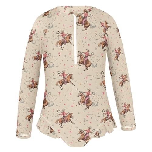 Cowboy Riding Pattern Girls Long Sleeve Swimsuit Rash Guard One Piece Bathing Suits Zipper 3-12T2