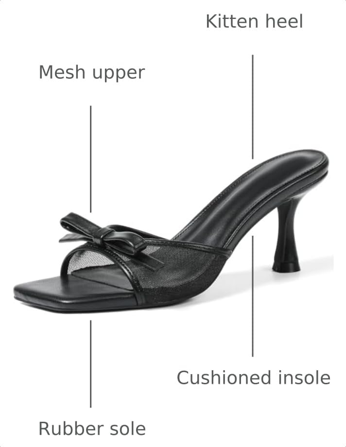 Image of Womens Heeled Sandals Open Square Toe Kitten Heels Sandals Slip On Bow Mesh Mules Heels Comfortable Dress Shoes for Party Wedding