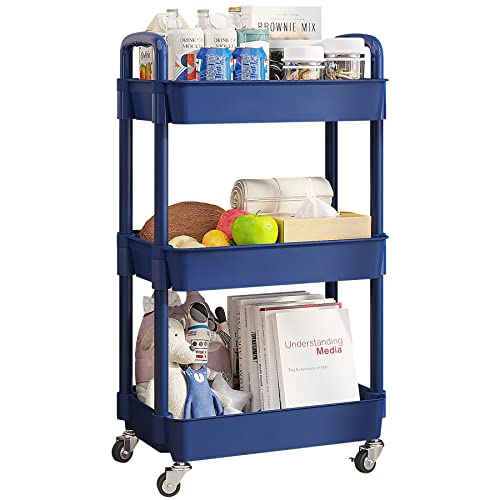 Image of UDEAR 3-Tier Rolling Utility Cart with 12 Category Labels,Multifunctional Storage Shelves with Handle and Lockable Wheels for Room,Office,Kitchen,Bathroom,Blue