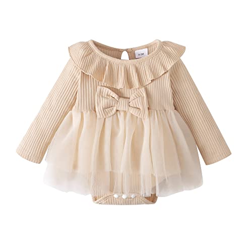 Image of OPAWO Newborn Baby Girl Dress Long Sleeve Onesie Bodysuit for Infant Girl Ribbed Romper Dress with Tulle Skirt 0-18 Months