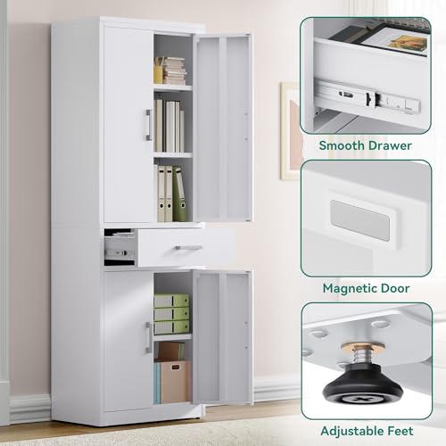 YITAHOME Aktenschrank verschließbar, Aufbewahrungsschrank mit 3 verstellbaren Regalen, Büro Aktenschrank mit Schublade, Stahl Büro Schrank für Büro Küche Garage, 180H cm x 60W cm x 34D cm, Weiß