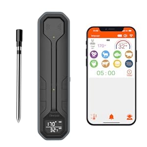 Wireless Meat Thermometer – Digital Cooking Thermometer with Wireless Probe – 500Ft Remote Range Food Thermometer – with iOS & Android Read App -Preprogrammed Temperatures for BBQ, Oven, Grill