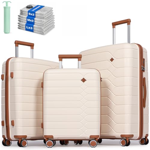 H.yeed 3 Piece Suitcase Set PP Hard Shell Luggage Set Lightweight Carry on Travel Hand Luggage with Spinner Wheels & TSA Lock 20 24 28 (Beige 3 pcs Set)