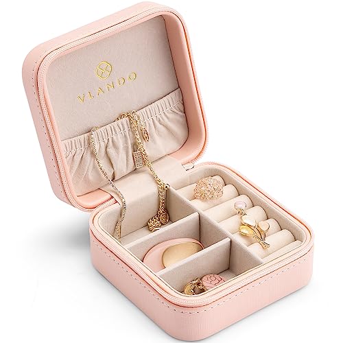 Vlando Wedding Gifts - PU Leather Small Jewelry Travel Organizer, Travel Jewelry Case for Ring, Mini Jewelry Box for Earring, Necklace, Bracelet Milky White Beige S 1