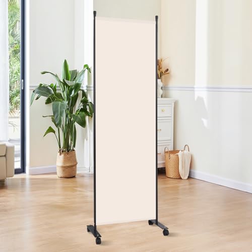 Room Divider 6FT Room Partition with Lockable Wheels 1 Panel (Thicked Metal Base) Room Dividers Freestanding Indoor Folding Privacy Screens Portable Fabric Wall Divider for Room Separation Beige