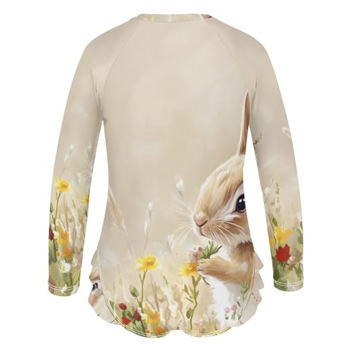 Flowers Rabbit Oil Painting Girls Long Sleeve Swimsuit Rash Guard One Piece Bathing Suits Zipper 3-12T3