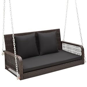 Tangkula wicker outdoor porch swing 800 lbs capacity outdoor swing bench with hanging chains back and seat cushions 2 seater hanging patio bench for deck garden yard black  urban country home decor